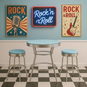 May include: A retro diner scene featuring a round table and two stools with light blue seats and chrome legs. The wall displays vintage-style posters with the words "ROCK" and "Rock 'n Roll", and a neon sign.