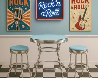 1950s Retro Bar Table Set with 2 Blue Cushioned Stools – Chrome Diner Style Bistro Furniture for Kitchen, Soda Fountain, Ice Cream Shop Gift