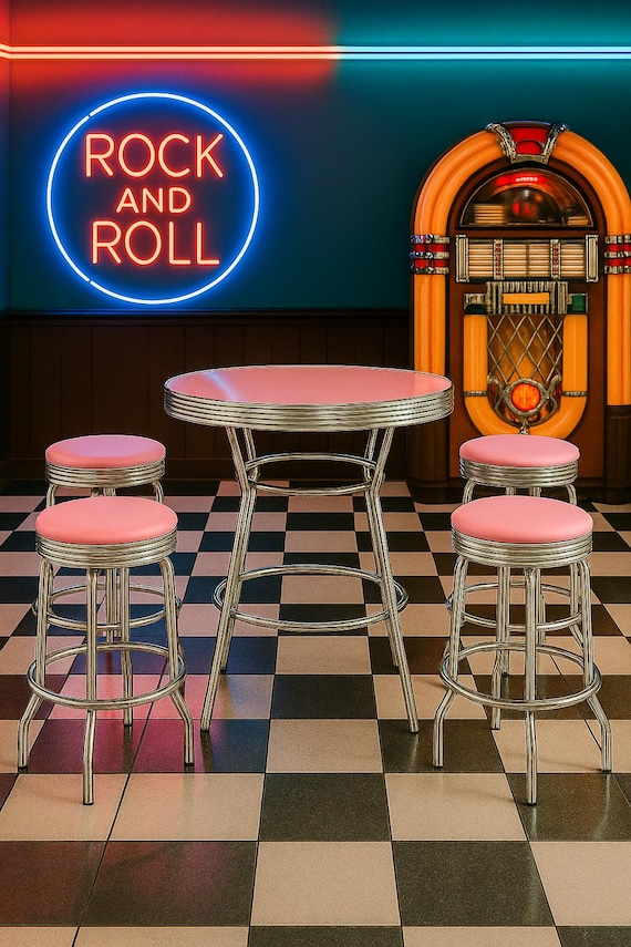 1950s Retro Bar Table Set with 4 Pink Cushioned Stools – Chrome Diner Style Bistro Furniture for Kitchen, Soda Fountain, Ice Cream Shop Gift