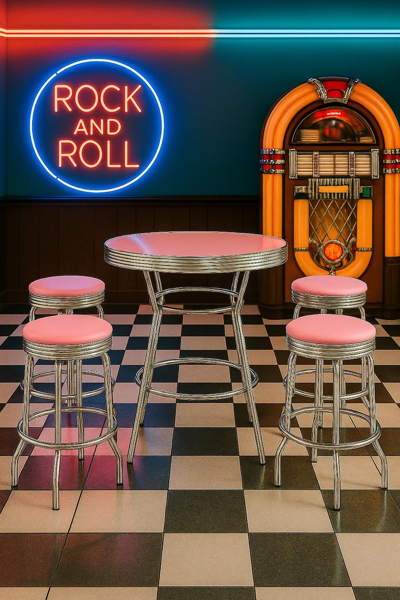 May include: A retro diner scene featuring a pink-topped table and four matching stools with chrome legs. A jukebox and a neon sign that reads "ROCK AND ROLL" complete the vintage aesthetic. The floor is a black and white checkerboard pattern.