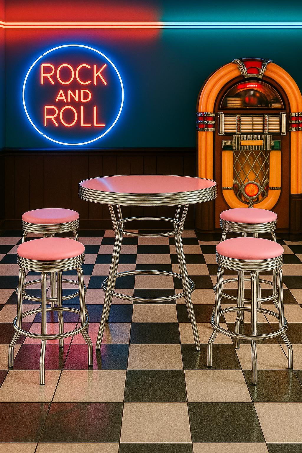 1950s Retro Bar Table Set With 4 Pink Cushioned Stools – Chrome