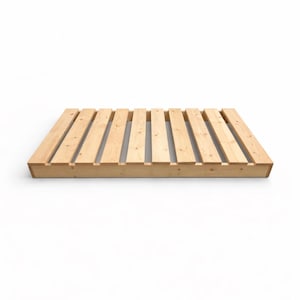 May include: A new, unfinished wooden pallet with a rectangular shape. The pallet is made of light-colored wood and features evenly spaced wooden slats. The design is simple and functional, suitable for various uses.
