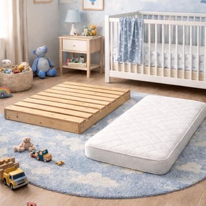 May include: A nursery scene featuring a white crib with a blue blanket, a wooden bed frame, and a white mattress. The room has a blue cloud-patterned rug, a side table, and framed artwork. Toys are scattered around.