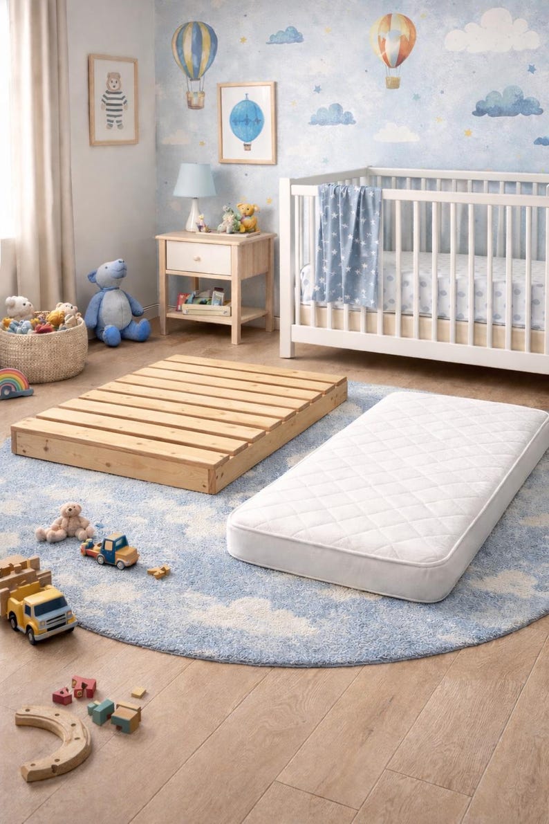 May include: A nursery scene featuring a white crib with a blue blanket, a wooden bed frame, and a white mattress. The room has a blue cloud-patterned rug, a side table, and framed artwork. Toys are scattered around.