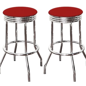Bar Stool Set 24" or 29" Tall Retro Style Swivel Seat Chrome Stools with Red Vinyl