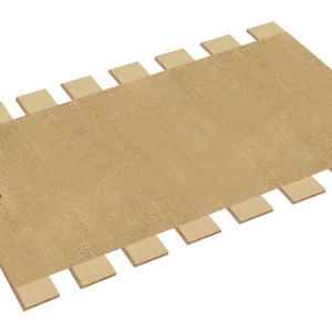 May include: A beige woven fabric bed slat support with wooden slats. The fabric is woven with a tight weave and the slats are evenly spaced.