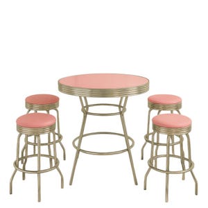 May include: A retro-style dining set featuring a round table and four matching stools. The table and stools have a metallic finish with pink padded seats and table top. The set is designed in a classic diner style.