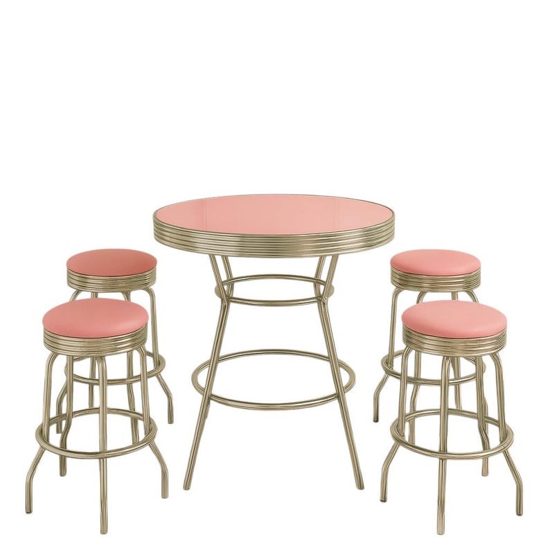 May include: A retro-style dining set featuring a round table and four matching stools. The table and stools have a metallic finish with pink padded seats and table top. The set is designed in a classic diner style.
