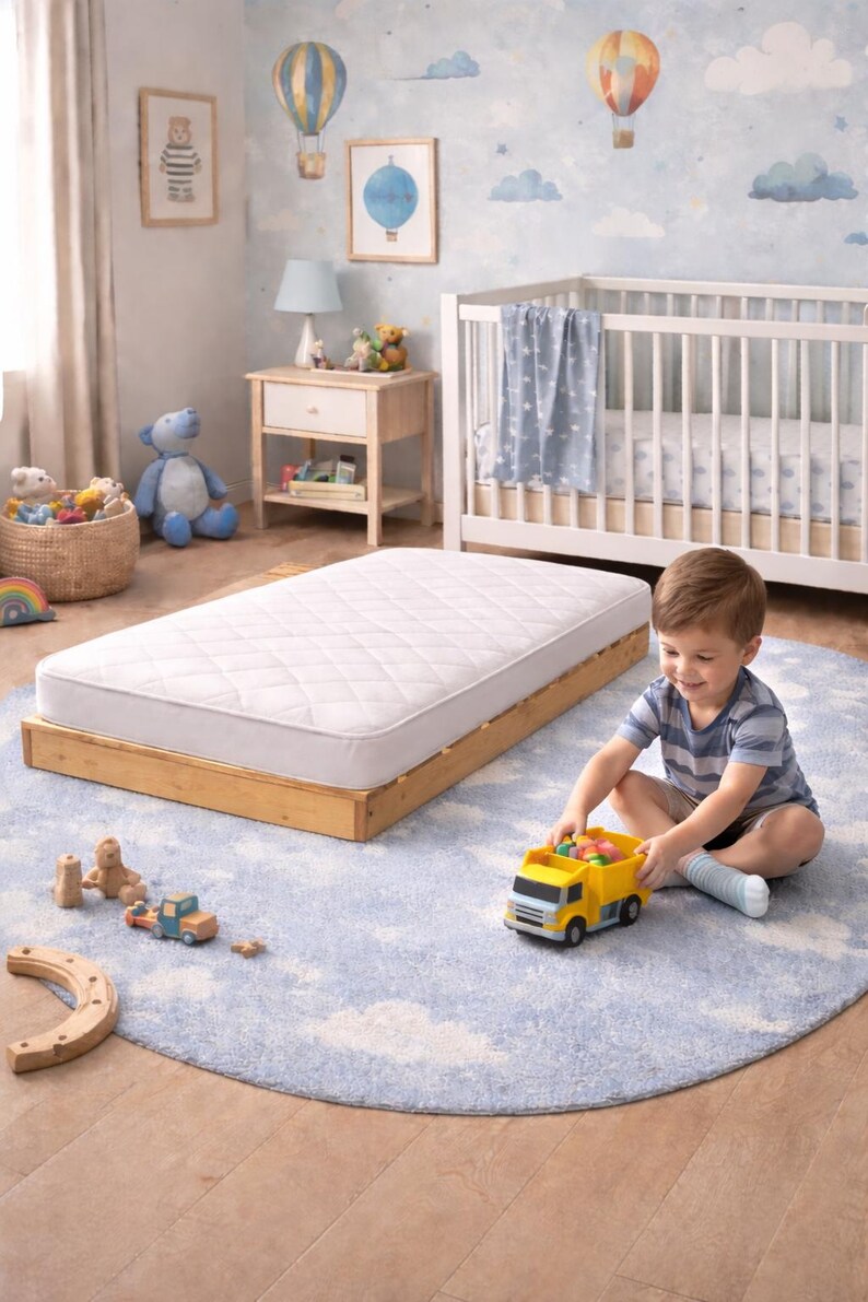 May include: A child's bedroom with a crib, a low wooden bed frame with a white mattress, and a blue rug. The room is decorated with hot air balloon and cloud wall decals. A child is playing with a yellow toy truck.