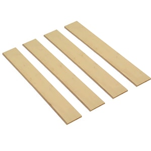 May include: Four light-colored wooden slats arranged diagonally against a white background. The slats are rectangular and appear to be made of unfinished wood. The wood has a natural, light tan color.