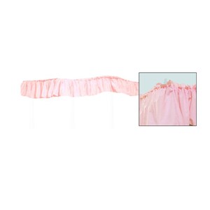 May include: A light pink, ruffled fabric valance. The valance is gathered and has a delicate, airy appearance. The fabric is a solid color, and the ruffles add texture and visual interest. The valance is likely used for decorative purposes.