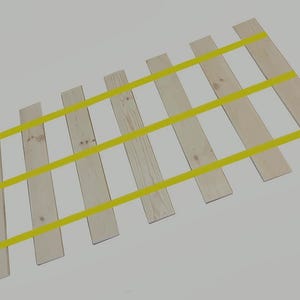 May include: A wooden slatted bed frame with yellow tape reinforcement.