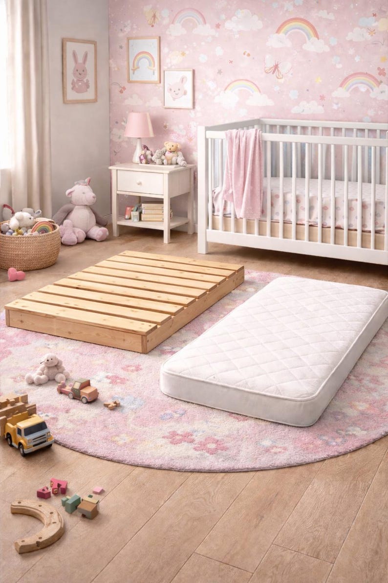 May include: A nursery scene with a white crib, a wooden bed frame, and a white mattress. The room has pink walls with rainbow and cloud patterns, a pink rug, and various toys.