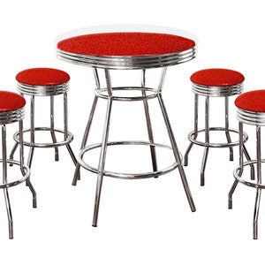May include: A set of five chrome diner stools and a chrome table with a clear glass top. The stools have red vinyl seats.
