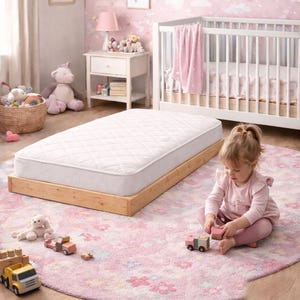 May include: A nursery scene with a white crib, a mattress on a wooden frame, and a pink rug. A young child plays with wooden toy cars on the rug. The room has pink wallpaper with rainbows and clouds.