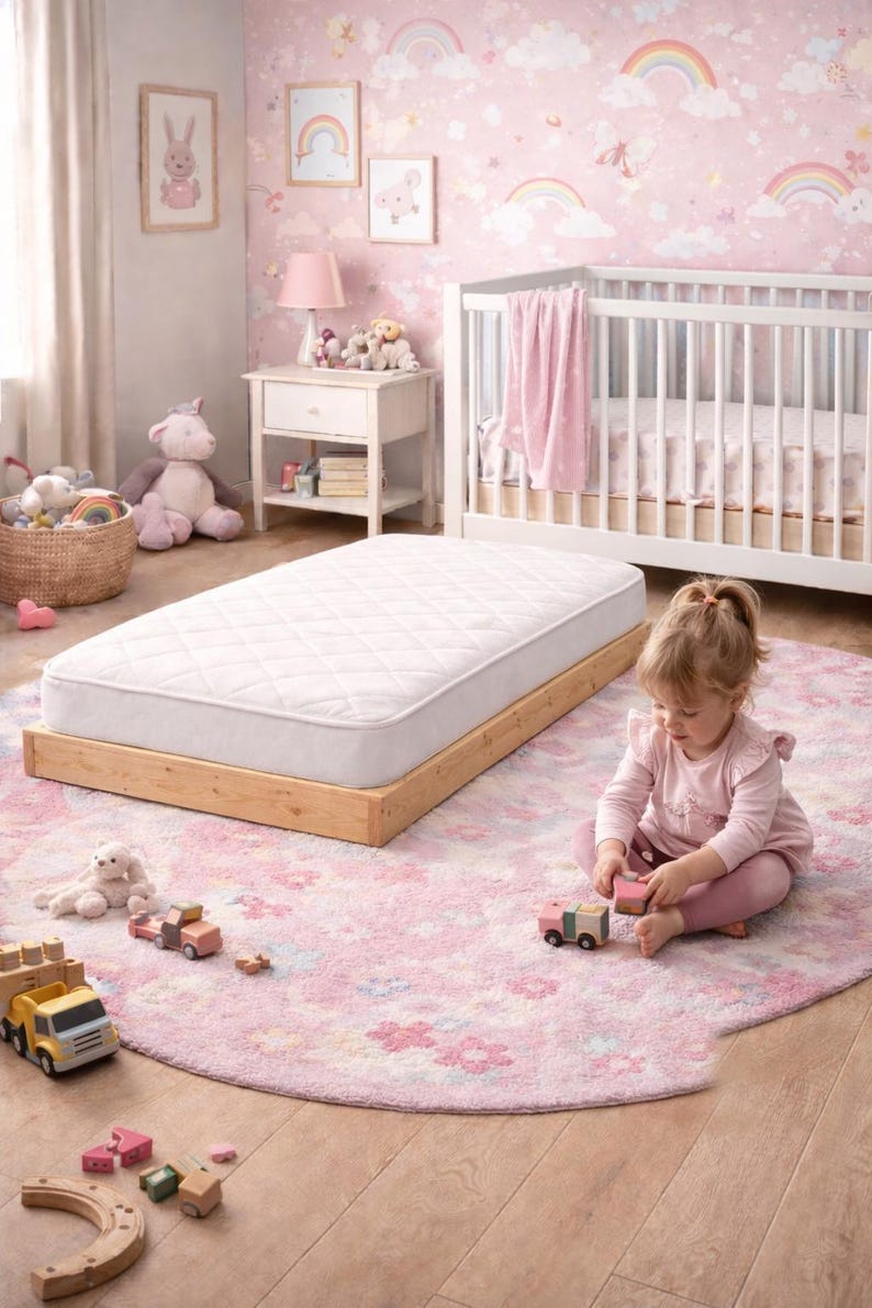 May include: A nursery scene with a white crib, a mattress on a wooden frame, and a pink rug. A young child plays with wooden toy cars on the rug. The room has pink wallpaper with rainbows and clouds.