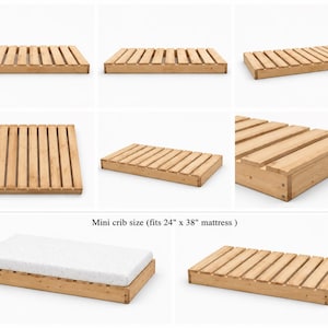 May include: A light brown wooden slatted bed frame base for a mini crib, designed to fit a 24 inch by 38 inch mattress. The frame features a series of parallel wooden slats and a rectangular perimeter, shown from multiple angles and with a mattress.