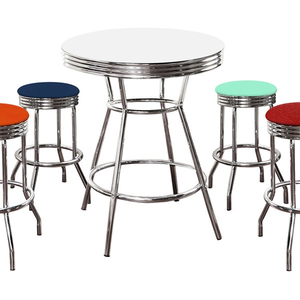 Custom 5-Pc White Bar Table Set Retro Soda Fountain Style with a Custom Color Variety of Red Orange Blue Turquoise Vinyl Covered Cushions
