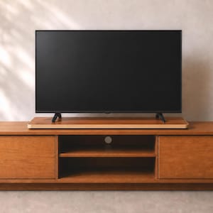 May include: A wooden TV stand with a large, black screen television on top. The stand has two doors, open shelving, and a central opening. The wood has a warm, natural tone. The TV is supported by a wooden base.