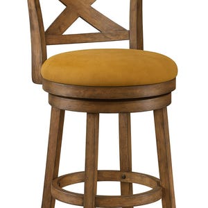 May include: A wooden bar stool with a swivel seat and a backrest featuring an X-shaped design. The seat is round and upholstered in a mustard-yellow fabric. The legs are curved and connected by a footrest.
