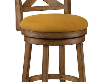 Bar Stool w Back Western Cowhide – Rustic Ranch X-Back, Genuine Thick Cowhide Seat, Counter or Bar Height