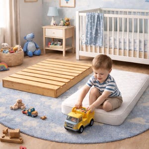 May include: A nursery scene with a light blue and white color scheme. A child plays with a yellow toy truck on a white mattress. A wooden crib, a wooden bed frame, and a blue rug are also visible. The walls are decorated with hot air balloon art.