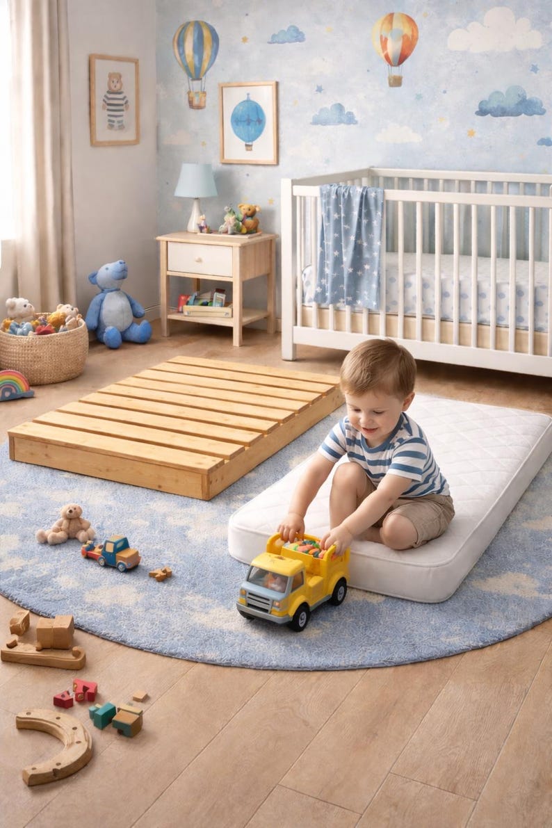 May include: A nursery scene with a light blue and white color scheme. A child plays with a yellow toy truck on a white mattress. A wooden crib, a wooden bed frame, and a blue rug are also visible. The walls are decorated with hot air balloon art.