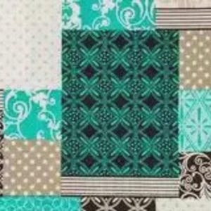 May include: A patchwork quilt featuring a variety of patterned fabric squares. The quilt showcases a mix of teal, brown, and cream colors. The patterns include floral, geometric, and polka dot designs, creating a visually diverse textile.