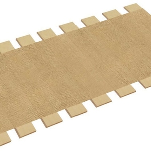 May include: A rectangular, woven, tan-colored placemat with a series of rectangular, light-tan tabs along the long edges. The placemat has a textured surface and a simple, minimalist design.