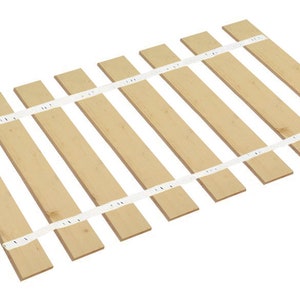 May include: A set of wooden slats with white fabric straps for a bed frame. The slats are arranged in a grid pattern and are made of natural wood.