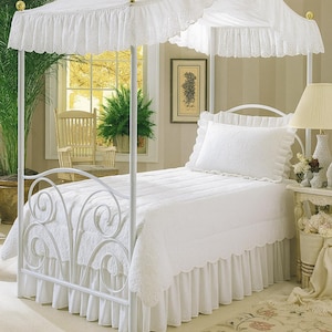 NEW!  TWIN SIZE White Eyelet with Embroidered Design Princess Canopy Bed Fabric Top
