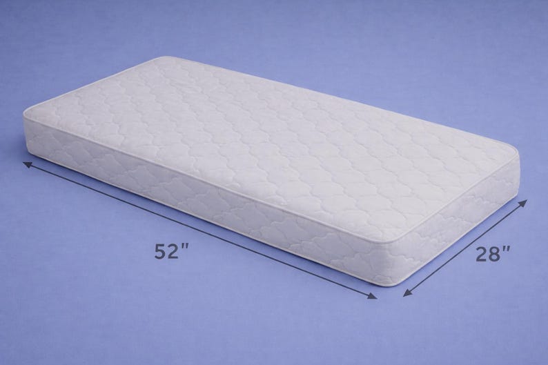 May include: A white rectangular mattress with a quilted surface. The mattress is 52 inches long and 28 inches wide. The mattress is on a blue background.