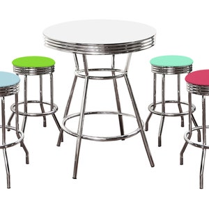 May include: A chrome diner table set with four stools. The table has a white top and chrome legs. The stools have chrome frames and colorful fabric seats: light blue, green, aqua, and pink.