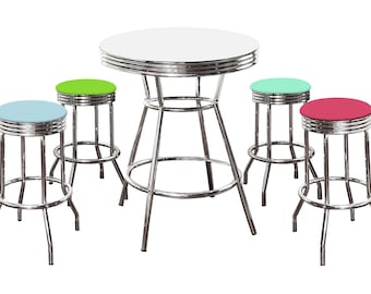 Custom White Bar Table Set 5-PC Retro Soda Fountain Style with a Color Variety of Baby Blue Hot Pink Bright Green Turquoise Vinyl Cushions