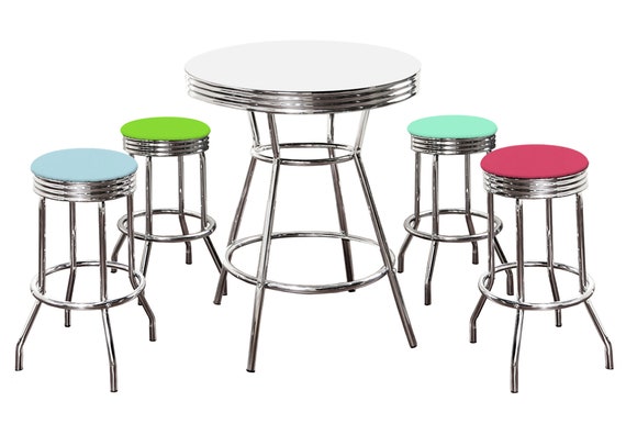 Custom White Bar Table Set 5-PC Retro Soda Fountain Style With a