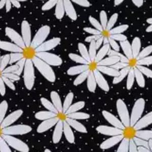 May include: A black background with a repeating pattern of white daisies with yellow centers. The daisies are scattered randomly across the background.