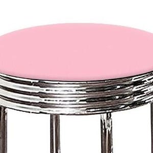 May include: A retro-style stool with a round, light pink seat. The seat is supported by a chrome-plated, multi-ringed base and four chrome legs. The stool has a classic diner or soda shop aesthetic.