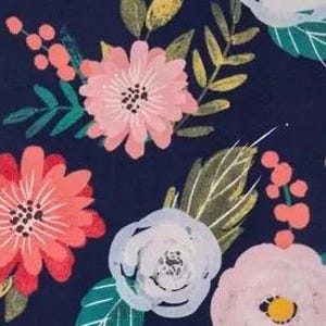 May include: A navy blue background with a floral pattern. The flowers are pink, white, and red with green leaves.