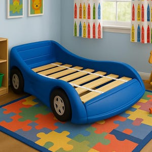 May include: A blue car-shaped bed with a wooden slat base sits on a colorful puzzle-piece rug. A yellow teddy bear and a wooden rocking horse are nearby. A small guitar and a toy shelf are also in the room.
