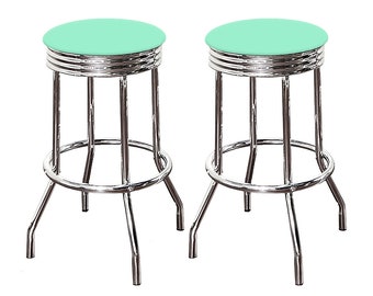 Chrome Bar Stool Set 2ea with Choice of a Custom Height 24", 29" or 31" Tall and a Custom Colored Turquoise Vinyl Padded Swivel Seat Cushion