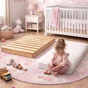 May include: A nursery scene with a white crib, a wooden bed frame, and a mattress on a floral rug. A toddler plays with wooden toy cars. The room has pink wallpaper with rainbows and clouds.