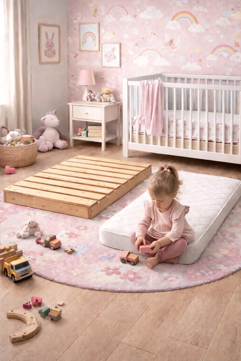 May include: A nursery scene with a white crib, a wooden bed frame, and a mattress on a floral rug. A toddler plays with wooden toy cars. The room has pink wallpaper with rainbows and clouds.