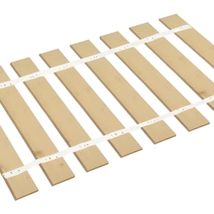 May include: A wooden slat bed frame with white fabric straps. The slats are arranged in a grid pattern and are held together by the straps.