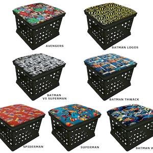 Video Gamer Storage Crate and seat cushion Chair for use while Gaming with a Comic Book Hero Theme Seat Cushion Black Container