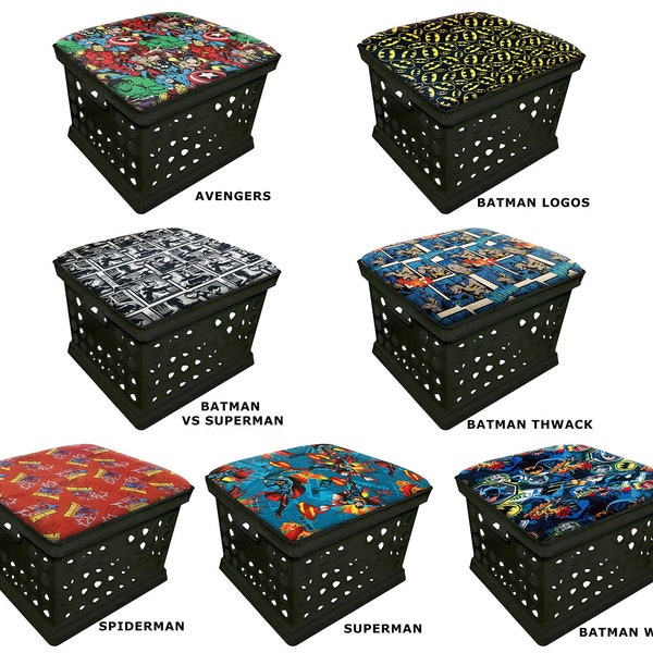 School Storage Crate Black Utility Container for Home/School use with a Comic Book Hero Theme Seat Cushion and a FREE Flashlight!