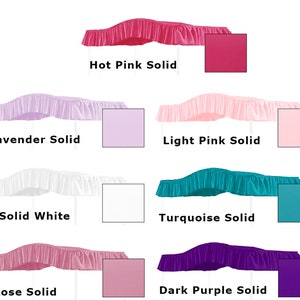 May include: A set of six canopy bed curtains in various solid colors, including hot pink, lavender, light pink, white, turquoise, rose, and dark purple. Each curtain has a ruffled edge and is shown with a color swatch.