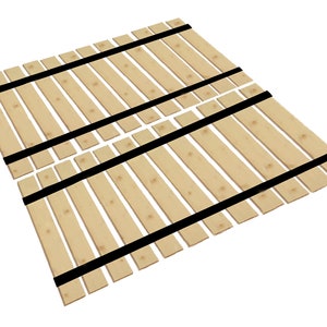 May include: A wooden slat bed frame with black straps. The slats are arranged in a grid pattern and are held together by the straps.