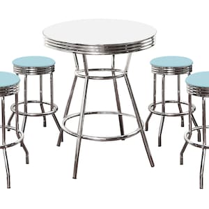 May include: A chrome diner table set with four matching stools. The table has a round white top and a chrome base. The stools have light blue vinyl seats and chrome frames.