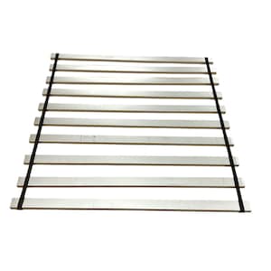 May include: A slatted bed frame with black straps on the sides. The frame is made of wood and has a light brown finish.