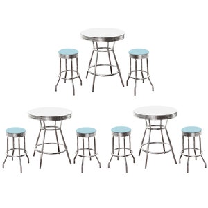 May include: Two sets of chrome diner furniture with white tabletops and light blue stools. Each set includes a round table and two stools.